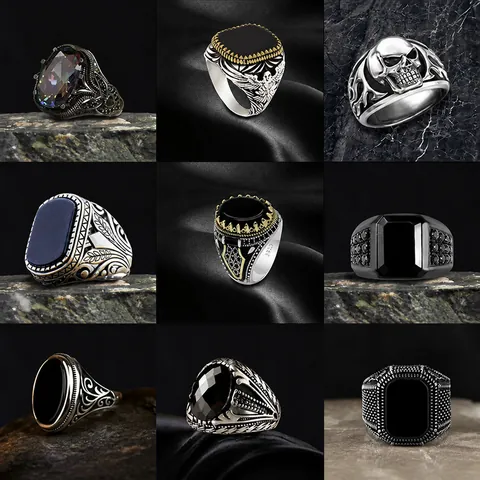 Vintage Punk Men Rings Alloy Gothic Skull Eagle Totem Carved Design Retro Style Jewelry Fashion Accessory Zircon Gemstone Inlaid