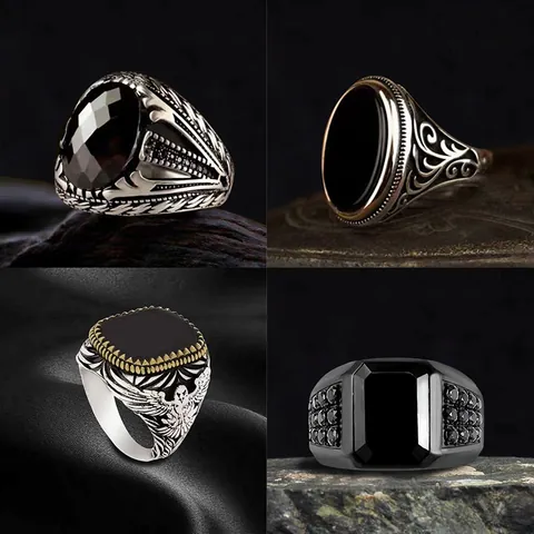 Vintage Punk Men Rings Alloy Gothic Skull Eagle Totem Carved Design Retro Style Jewelry Fashion Accessory Zircon Gemstone Inlaid