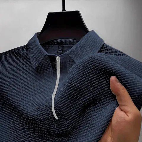 Polo premium da uomo con mezza zip in mesh di seta ghiaccio traspirante Design a tinta unita con colletto rovesciato per il tempo libero o ufficio