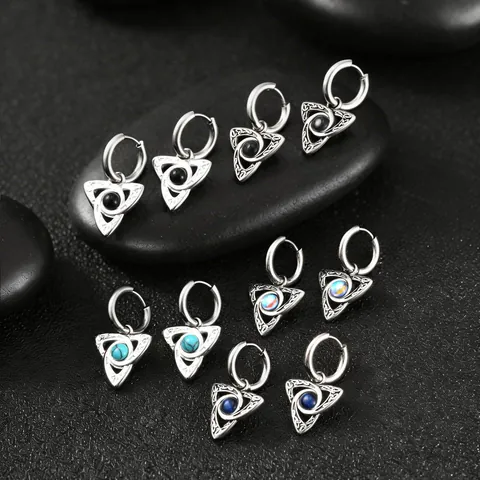Vintage Celtic Knot Stainless Steel Hoop Earrings With Cat Eye Stone For Men Women Punk Gothic Geometric Jewelry Gift