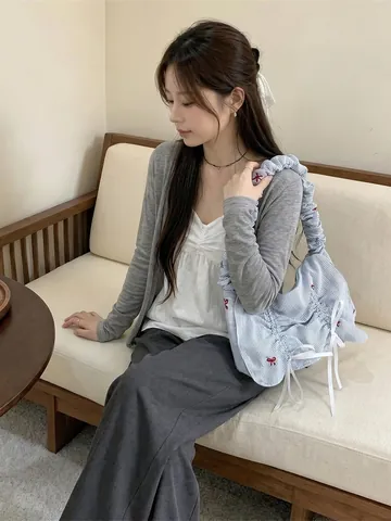 Korean Style Pleated Shoulder Bag Polyester Canvas Stripe Plaid Bowknot Flap Sweet Commuter Handbag For Women