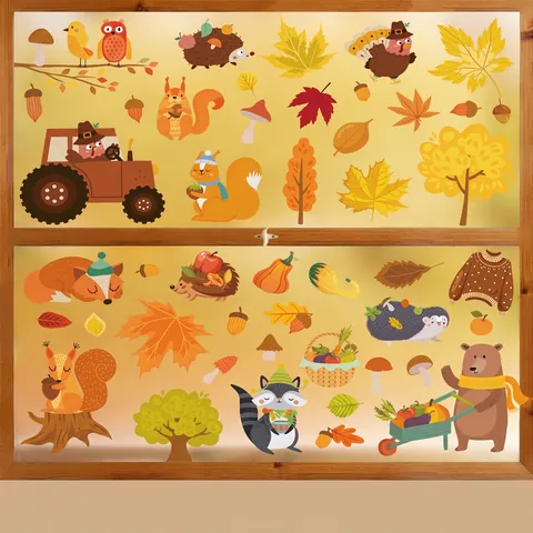 Thanksgiving Window Clings Autumn Static PVC Stickers Double Sided Pumpkin Maple Leaves Turkey Gnomes Fall Decor Glass