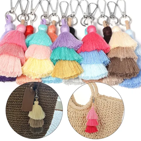 Colgante de Borla de Hilo de Algodón de Tres Capas Hecho a Mano Con Cierre de Metal Colorido Bohemio DIY Accesorio para Bolso Llavero