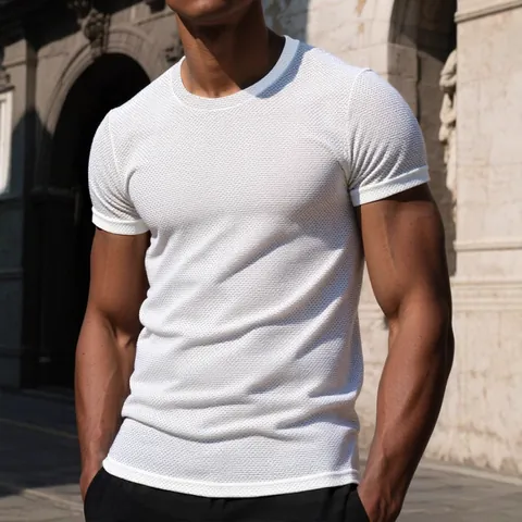 T-shirt da Uomo Casual a Manica Corta in Maglia Trama a Nido d'Ape Girocollo Traspirante Vestibilità Aderente Top Estivo