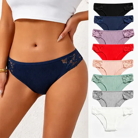 Mutandine Donna Cotone Costine Pizzo Vita Bassa Traspirante Morbido Tinta Unita Slip Comfort