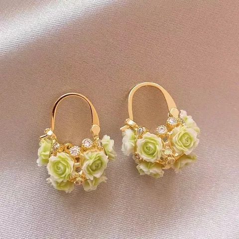 Exquisite Alloy Resin Flower Basket Earrings With Rhinestone Forest Style Gold Pink Green Flower Stud Earrings For Women Jewelry