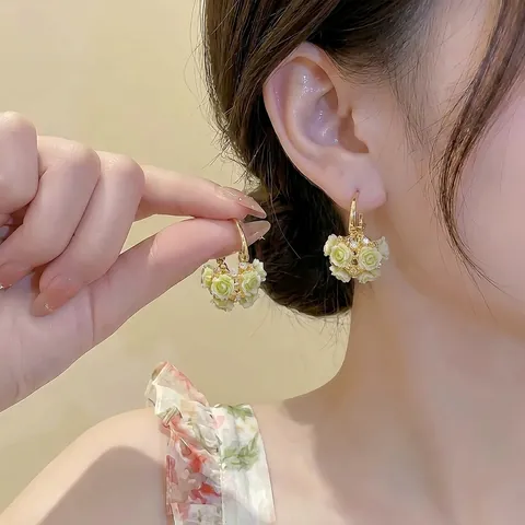 Exquisite Alloy Resin Flower Basket Earrings With Rhinestone Forest Style Gold Pink Green Flower Stud Earrings For Women Jewelry