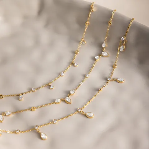 18K Gold Plated Stainless Steel Anklet For Women Simple Rhinestone Water Drop Round Pendant Foot Chain Boho Beach Jewelry Gift