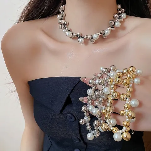 Multilayer Winding Artificial Pearl Choker Necklace For Women Alloy Metal Beads Elegant Clavicle Chain Ins Style Jewelry