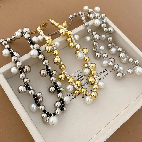 Multilayer Winding Artificial Pearl Choker Necklace For Women Alloy Metal Beads Elegant Clavicle Chain Ins Style Jewelry