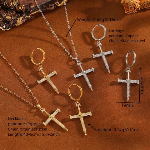 Stainless Steel Copper Zirconia Cross Pendant Necklace Earring Set Hip Hop Fashion Gold Silver Crucifix Jewelry For Women