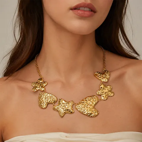 Europäischer Stil Edelstahl 18K Vergoldet Gehämmertes Herz Stern Anhänger Halskette Vintage Chunky Kette Geometrischer Schmuck Für Damen