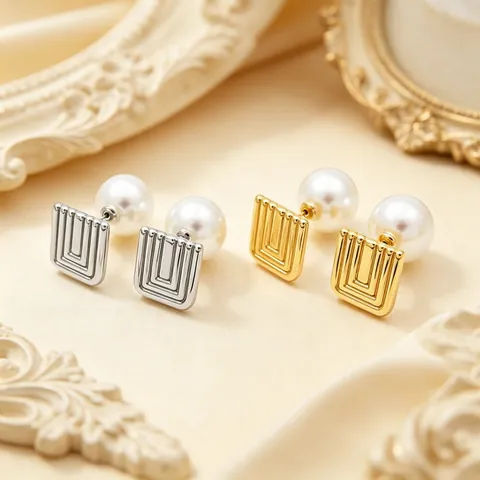 French Vintage Stainless Steel Jewelry Set For Women Artificial Pearl Square Geometric Spiral Necklace And Earrings Set