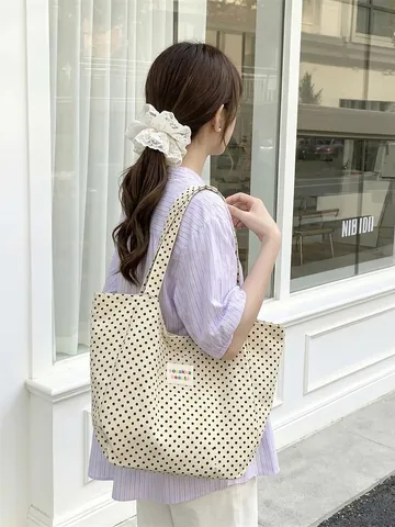 Sac Fourre-Tout En Toile À Imprimé Pois Grande Capacité Sac À Épaule Pour Femmes Pour Les Loisirs Le Shopping Et Les Voyages