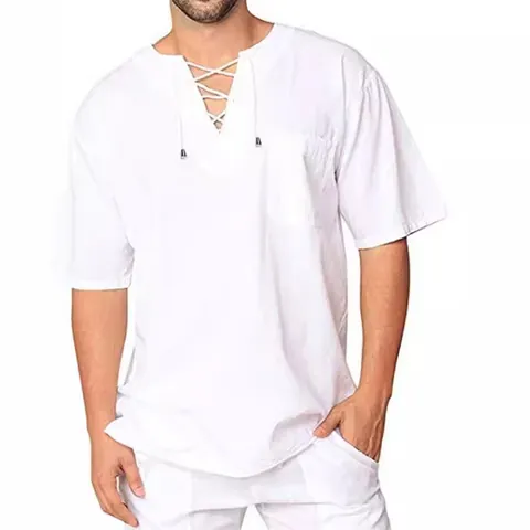 Camicia da Uomo Retro in Cotone e Lino Casual Manica Corta Scollo a V Stringato Top Ampio Traspirante Camicia Estiva con Tasca