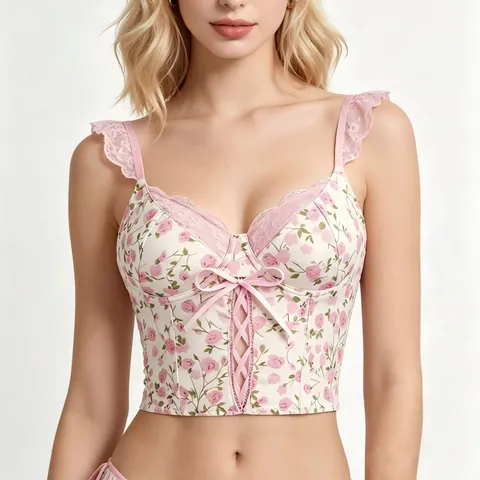 Vintage Franse Stijl Rozenprint Corset Tanktop Voor Dames Kantafwerking V-Hals Strik Strak Sexy Crop Top Mouwloos
