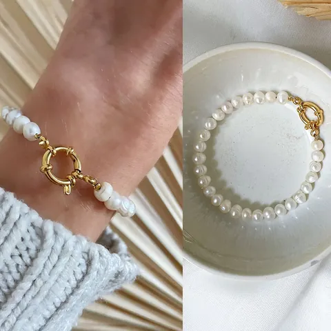 Bracelet Süßwasserperles D'eau Douce Naturelles Acier Titane Plaqué Or 18K Baroque Bijoux Élégants Pour Femmes Style Raffiné