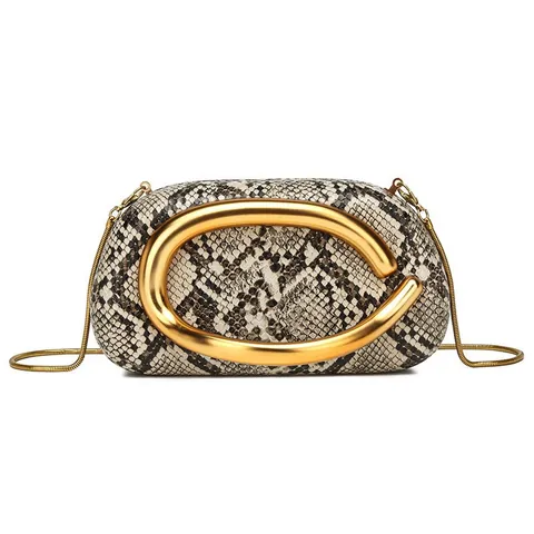Dames Slangenpatroon Acryl Box Tas Mode Luxe Ketting Schoudertas Met Grote Gouden C Ring Handvat Avondfeest Clutch
