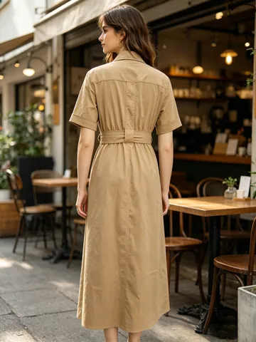 Women's Khaki Short Sleeve Lapel Belted Shirt Dress Button Down High Waist Maxi Dress Elegant Office Vacation Summer Dress