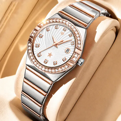 CAVEN DENTON Orologio al Quarzo da Donna Impermeabile con Data Lunetta in Strass Cinturino Bicolore in Lega di Acciaio