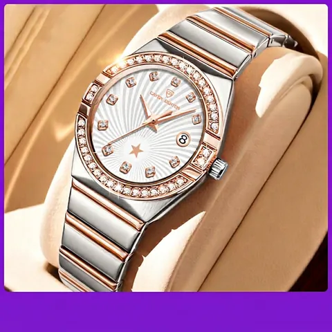 CAVEN DENTON Women Quartz Watch Waterproof Date Display Rhinestone Bezel Two-Tone Alloy Steel Band Luxury Wristwatch