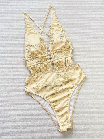 Metallic Gold One Piece Swimsuit For Women Sexy Halter Deep V Neck Cutout Monokini Beachwear High Cut Swimwear Pool Party