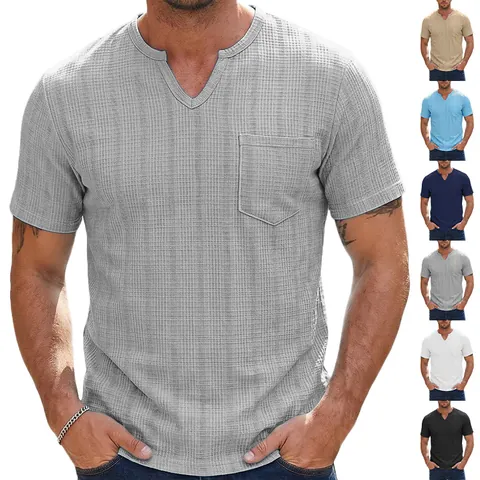Herren Henley T-Shirt Kurzarm Einfarbig Waffelstruktur V-Ausschnitt Mit Brusttasche Lässige Sommer Lockere Oberteile