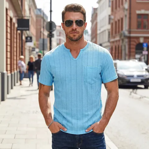 Herren Henley T-Shirt Kurzarm Einfarbig Waffelstruktur V-Ausschnitt Mit Brusttasche Lässige Sommer Lockere Oberteile