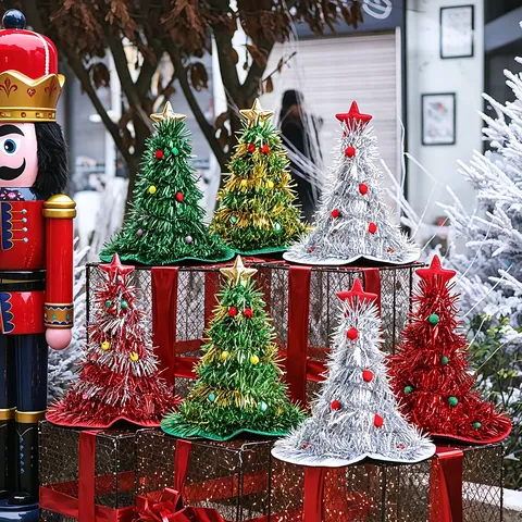 Christmas Tree Hat Tinsel Novelty Holiday Party Decor Non-Woven Fabric Glow LED Light Costume Accessories
