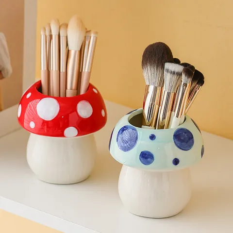 Porta Pennelli Trucco in Ceramica a Fungo con Pois Organizzatore da Scrivania Porta Penne Vaso Decorativo per Casa Ufficio