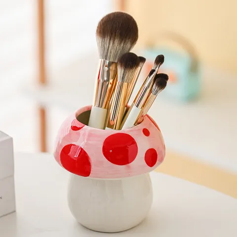 Porta Pennelli Trucco in Ceramica a Fungo con Pois Organizzatore da Scrivania Porta Penne Vaso Decorativo per Casa Ufficio