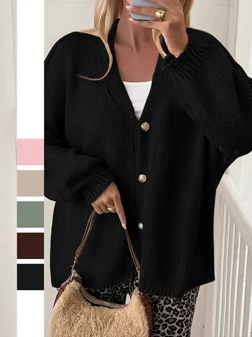 Women Chunky Knit Cardigan Sweater V Neck Oversized Loose Fit Button Down Solid Color Long Sleeve Casual Outerwear