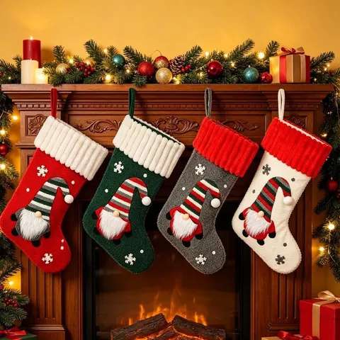 Calza Di Natale Maglia Peluche Decorazione Gnomo Senza Volto Motivo Fiocco Di Neve Camino Albero Ornamenti Appesi Sacchetto Regalo