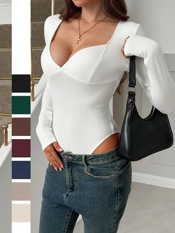 Body Sexy Con Scollo A V E Maniche Lunghe Da Donna Maglia A Costine Tinta Unita Vestibilità Aderente Y2K