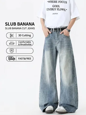 Vaqueros de Pata Ancha para Hombre Pantalones de Denim Lavado Retro Holgados de Pierna Recta Streetwear Cleanfit Cintura Media