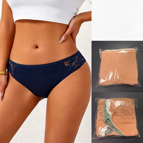 Mutandine Donna Cotone Costine Pizzo Vita Bassa Traspirante Morbido Tinta Unita Slip Comfort