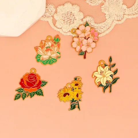 Romantic Flower Bouquet DIY Jewelry Accessories Enamel Alloy Rose Sunflower Sakura Lily Lotus Charms For Necklace Keychain Pendant Craft