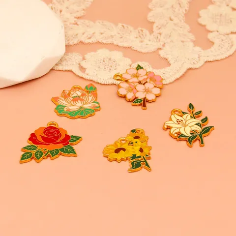 Romantic Flower Bouquet DIY Jewelry Accessories Enamel Alloy Rose Sunflower Sakura Lily Lotus Charms For Necklace Keychain Pendant Craft