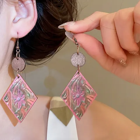 Pendientes Étnicos Vintage de Madera Rombo Estampado Floral para Mujer Pendientes Colgantes Geométricos Retro