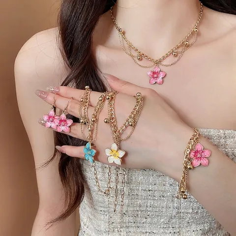 Flower Fairy Enamel Drip Flower Necklace Bracelet Earring Hook Gold Plated Alloy Jewelry Sweet Summer Vacation Women Jewelry