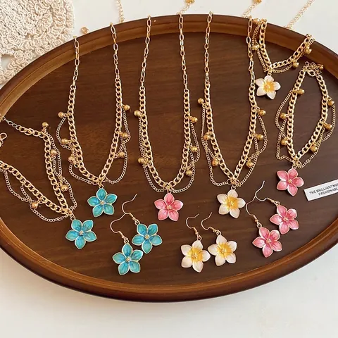 Flower Fairy Enamel Drip Flower Necklace Bracelet Earring Hook Gold Plated Alloy Jewelry Sweet Summer Vacation Women Jewelry