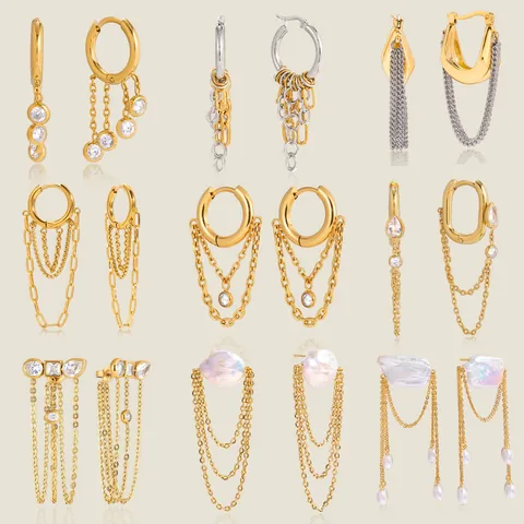 Stainless Steel 18K Gold Plated Baroque Artificial Pearl Tassel Hoop Earrings For Women Hypoallergenic Rhinestone Jewelry