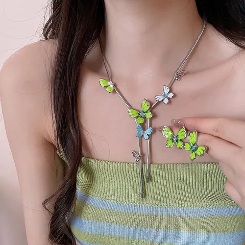 Butterfly Enameled Rhinestone Necklace Earrings Forest Style Silver Post Alloy Niche Design Pastoral Jewelry for Women