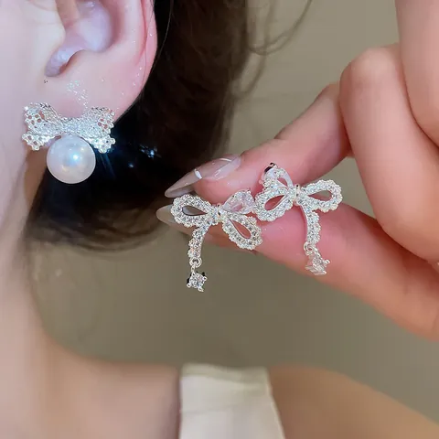 925 Sterling Silver Earring Post Zirconia Bow Stud Earrings For Women Korean Minimalist Light Luxury Copper Silver Earring