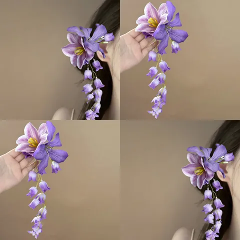Handgemaakte Paarse Stof Bloem Eendensnavelklem Met Bloemen Kwastje Feeënstijl Vakantie Haaraccessoires Voor Dames