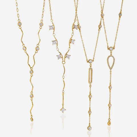 Collana con Pendente in Zirconia Acciaio Inossidabile Lussuosa Vintage da Donna Catena Maglione Nappina Forma Y Placcata Oro Gioielli