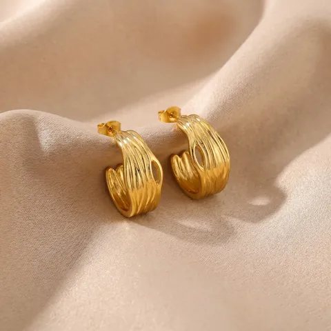Orecchini a Bottone a Forma di C in Acciaio Inossidabile 304 Minimalista Francese Placcati in Oro 14K con Texture per Donna