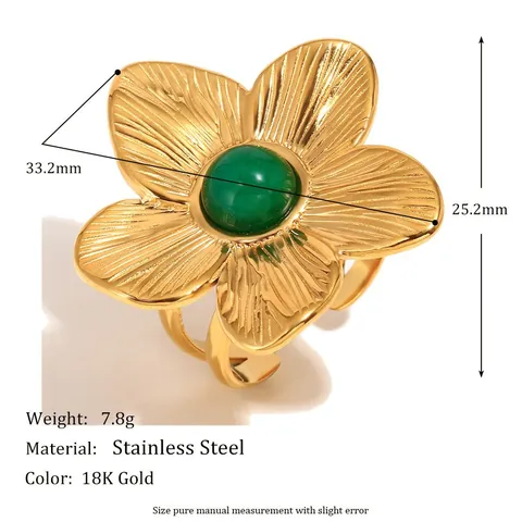 Vintage Stainless Steel Flower Open Ring For Women Eighteen Karat Gold Plated Turquoise Inlaid Adjustable Floral Statement Finger Ring Jewelry
