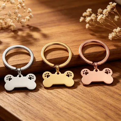 Porte-clés en Forme d'Os de Chien en Acier Inoxydable Pendentif DIY Gravé Personnalisé Médaille d'Identification pour Animaux
