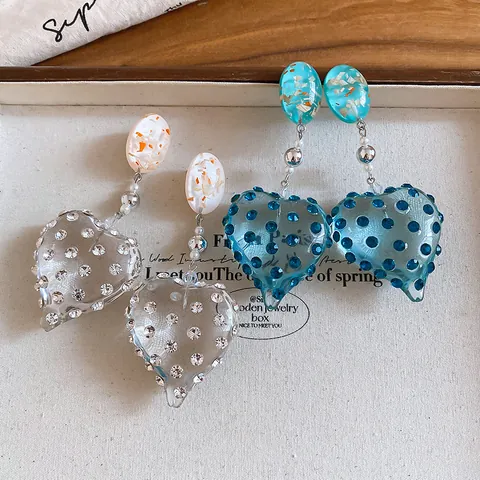 Fashion Resin Heart Stud Earrings For Women With Rhinestone Inlay Sweet Dopamine Style Niche Designer Large Heart Drop Earrings Jewelry Gift